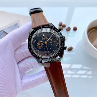 Copy Omega Speedmaster Apollo 11 Black Dial Brown Leather Moonwatch